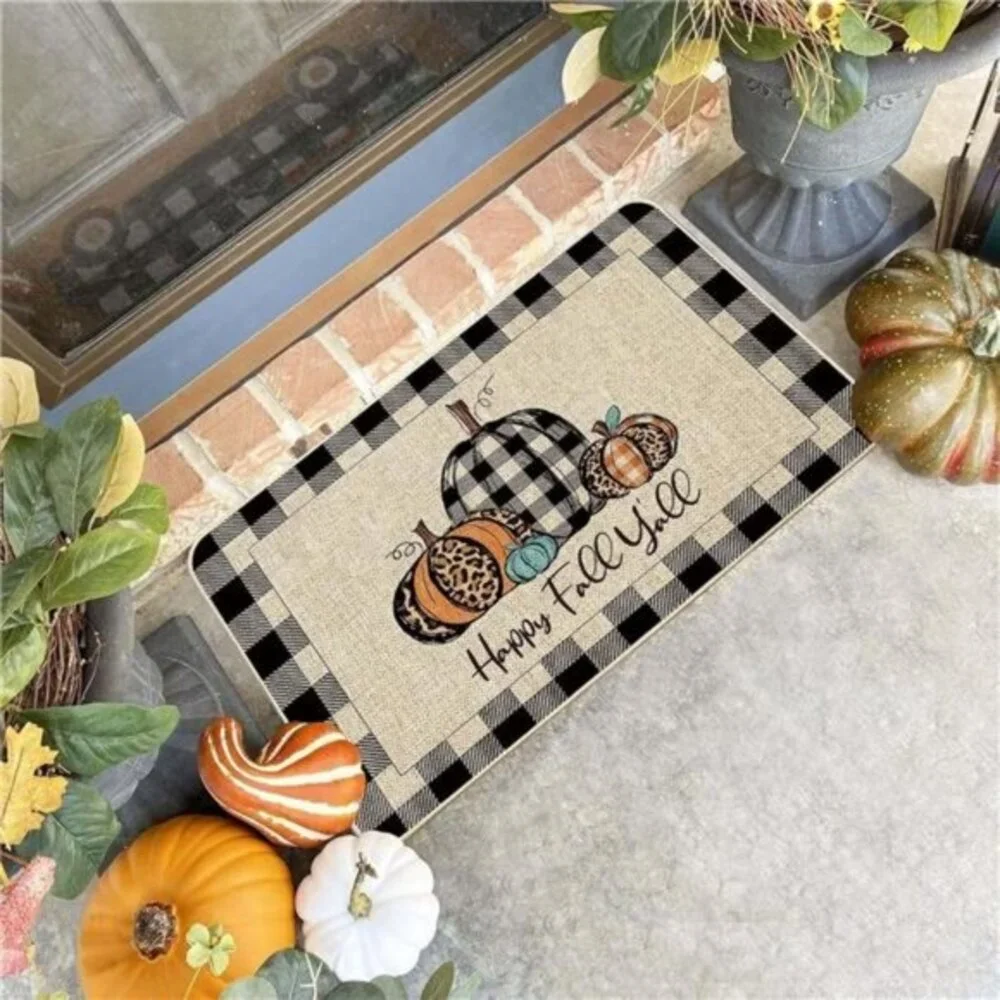 Happy Fall Y'all Doormat Buffalo Check Plaid Pumpkin Door Mats Autumn 17x29 inch